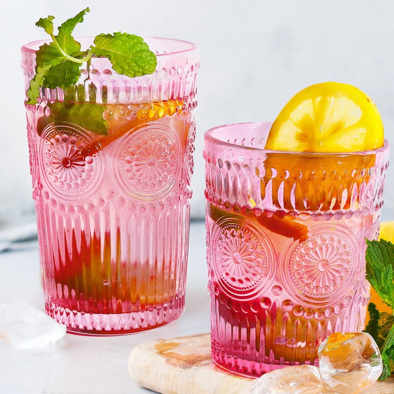 Loivttvv 12pcs Vintage Drinking Glasses Set, 12 oz Highball Glasses & 9 oz Embossed Ribbed Glassware Cups for Cocktail, Water, Juice, Coffee, Whiskey (Pink) - Image 1