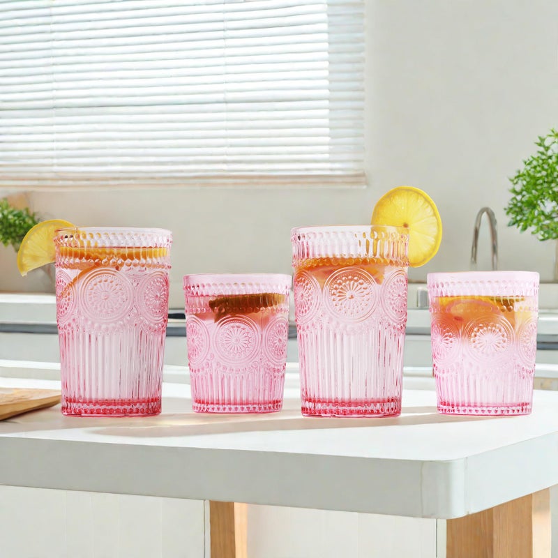 Loivttvv 12pcs Vintage Drinking Glasses Set, 12 oz Highball Glasses & 9 oz Embossed Ribbed Glassware Cups for Cocktail, Water, Juice, Coffee, Whiskey (Pink) - Image 4