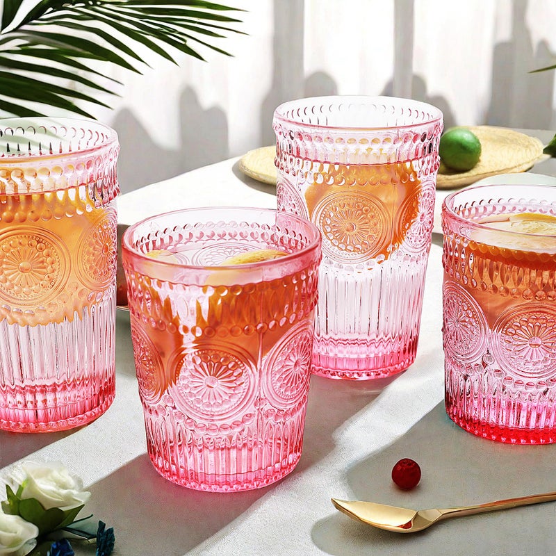 Loivttvv 12pcs Vintage Drinking Glasses Set, 12 oz Highball Glasses & 9 oz Embossed Ribbed Glassware Cups for Cocktail, Water, Juice, Coffee, Whiskey (Pink) - Image 3
