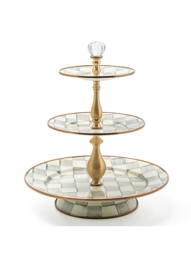 mackenzie childs Three-Tier Sweet Stand, Three-Tiered Serving Tray for Dessert and Sweets, Gray-and-White Sterling Check - Image 1