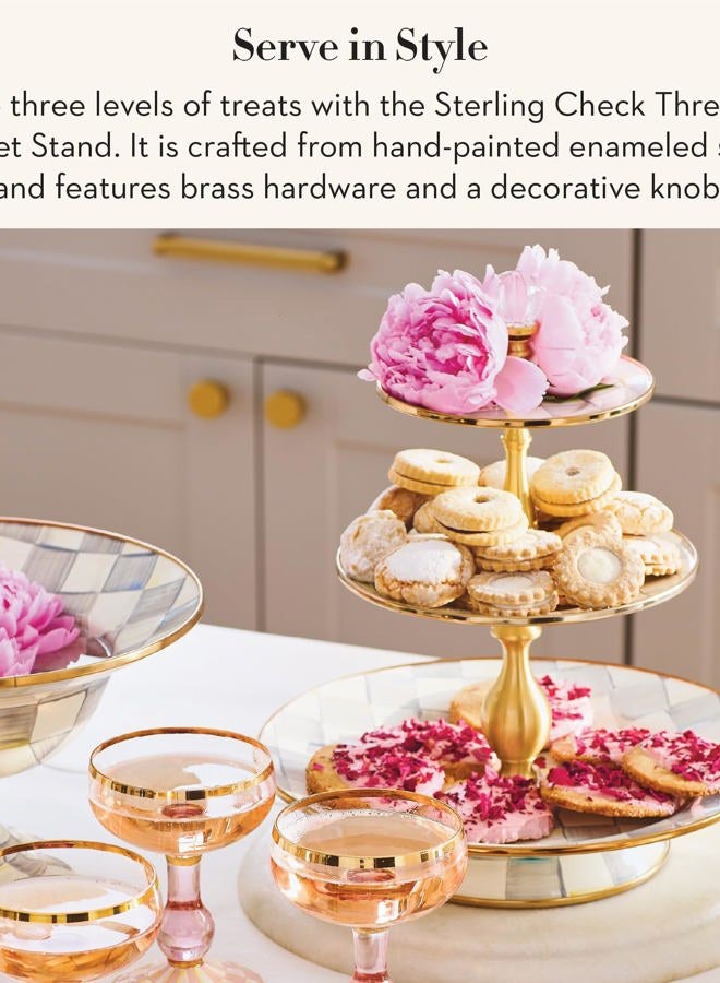 mackenzie childs Three-Tier Sweet Stand, Three-Tiered Serving Tray for Dessert and Sweets, Gray-and-White Sterling Check - Image 2