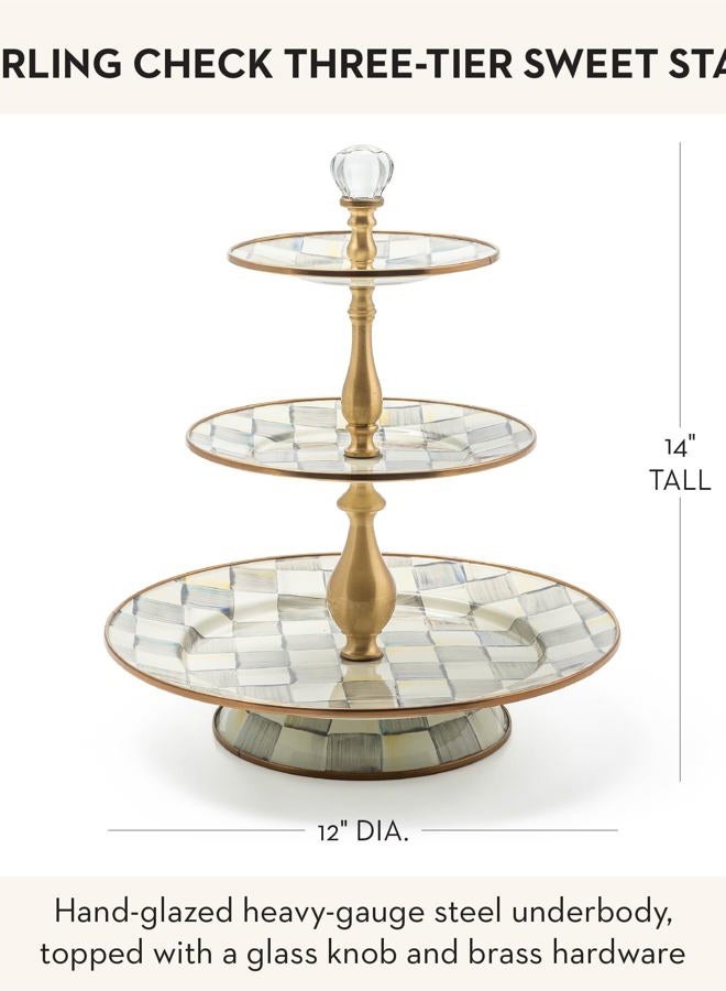 mackenzie childs Three-Tier Sweet Stand, Three-Tiered Serving Tray for Dessert and Sweets, Gray-and-White Sterling Check - Image 4