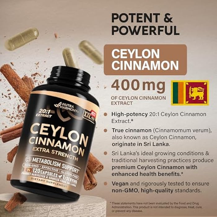NUTRAHARMONY Ceylon Cinnamon Capsules - Extra Strength - Energy, Heart & Metabolism Support - for Men & Women - Pure Natural Extract 20:1 Supplement - Made in USA - GMO & Gluten Free, 120 Capsules, 4 Month Supply - Image 4