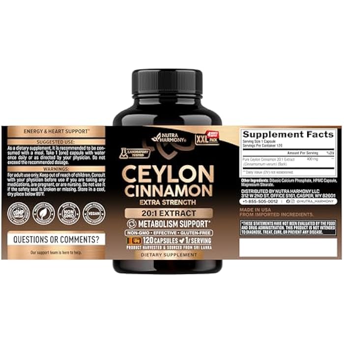 NUTRAHARMONY Ceylon Cinnamon Capsules - Extra Strength - Energy, Heart & Metabolism Support - for Men & Women - Pure Natural Extract 20:1 Supplement - Made in USA - GMO & Gluten Free, 120 Capsules, 4 Month Supply - Image 2