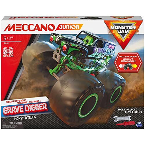MECCANO Junior, Official Monster Jam Grave Digger Monster Truck STEM Model Building Kit with Pull-Back Motor, Kids Toys for Ages 5 and up - Image 1
