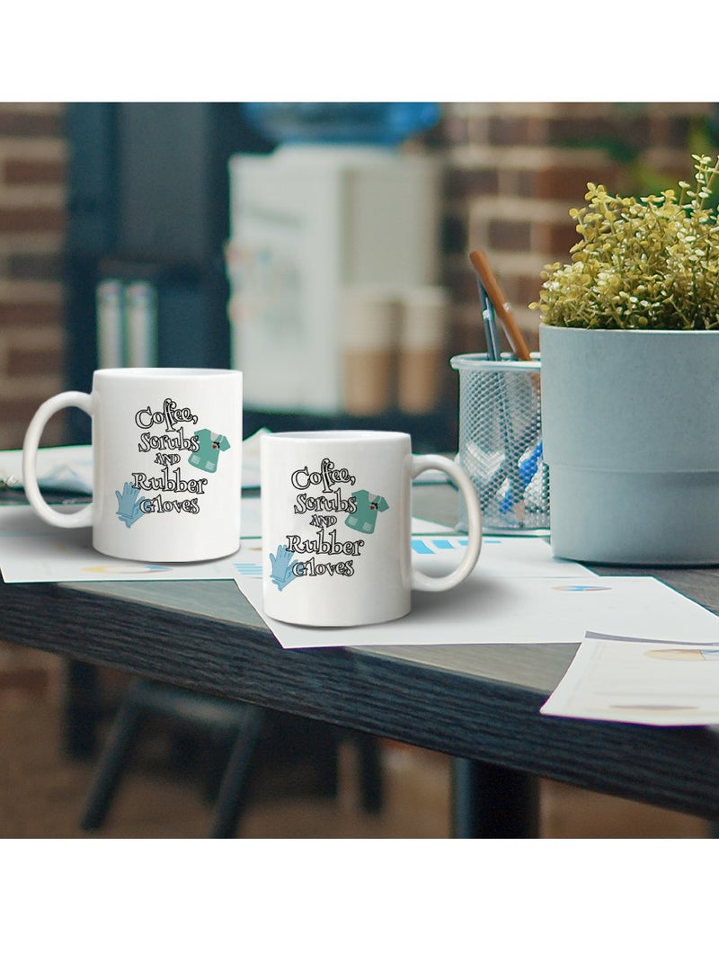 Story Of Candle Ceramic mug with the “Coffee, Scrubs and Rubber Gloves ” design printed in white  - Image 1