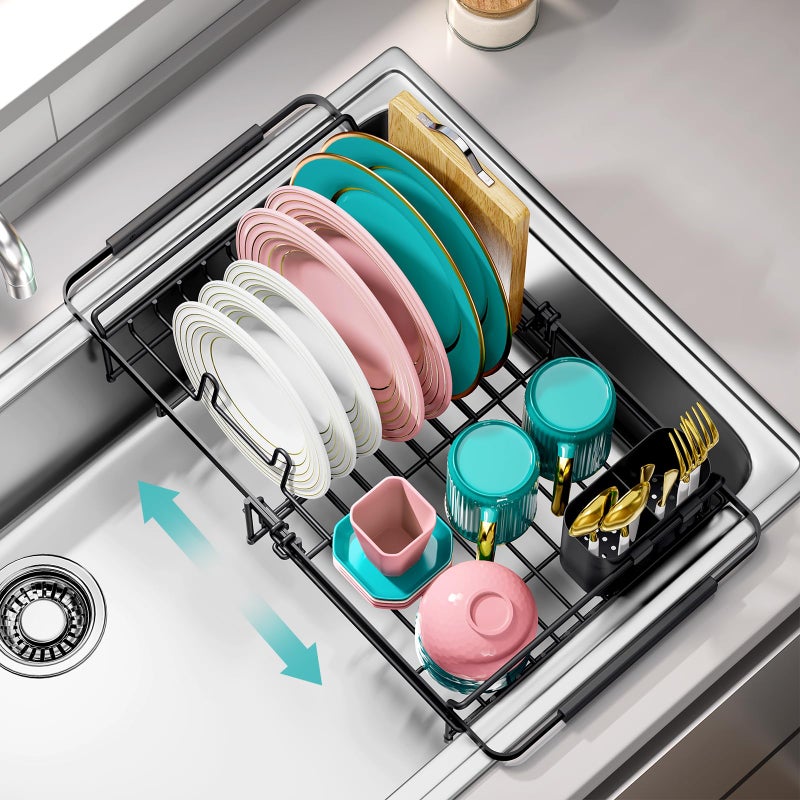 Urackify Expandable in Sink Dish Drying Rack - Adjustable Dish Rack Over Sink, Rustproof Dish Drainer for Kitchen Counter, Dish Strainer with Utensil Holder, Fit Kitchen for 13"-18" - Image 1