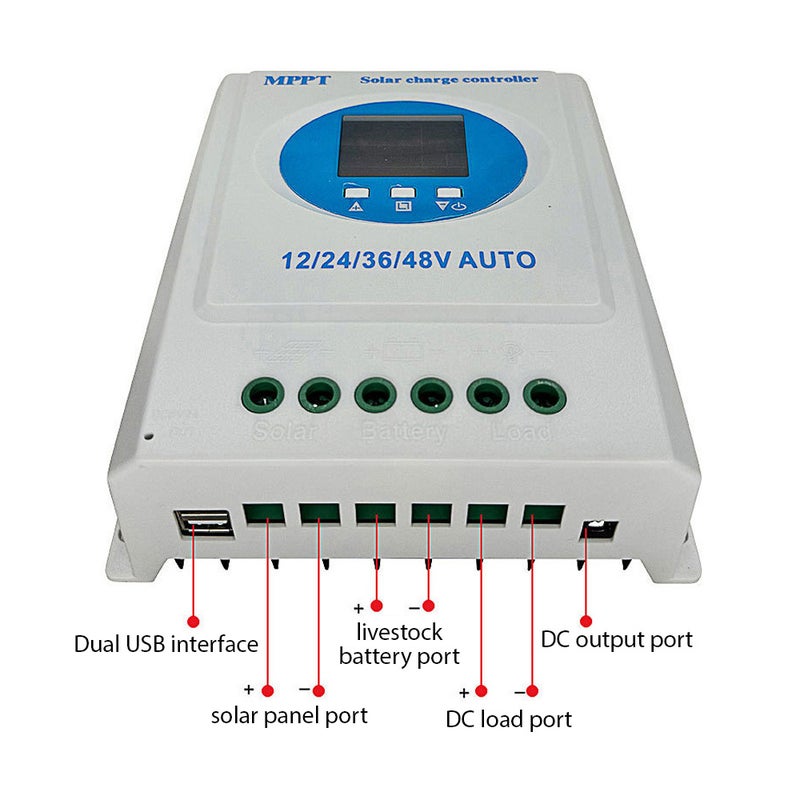 100A MPPT Solar Charge Controller 12V 24V 36V 48V Automatic Adaptation Charge Controller with Blacklight LCD Display Intelligent Regulator for Lead-Acid Lithium Battery Dual USB Ports - Image 3
