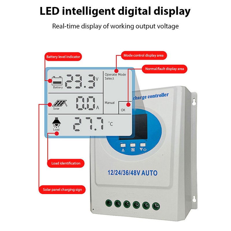 100A MPPT Solar Charge Controller 12V 24V 36V 48V Automatic Adaptation Charge Controller with Blacklight LCD Display Intelligent Regulator for Lead-Acid Lithium Battery Dual USB Ports - Image 5