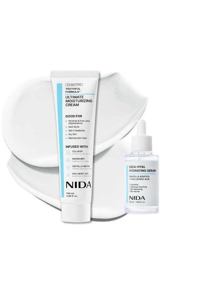 نيدا زجاجتان من خلاصة نيدا سنتيلا أسياتيكا المرطبة بحمض الهيالورونيك (٥٠ مل) + كريم نيدا الكولاجين المرطب بالنياسيناميد (١٠٠ مل) | سنتيلا أسياتيكا، حمض الهيالورونيك | يرطب، يهدئ، يوازن لون البشرة، ويقوي حاجزها الواقي | - Image 1
