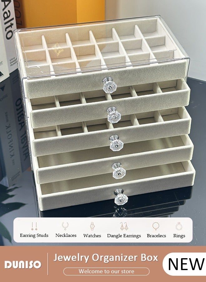 DUNISO Acrylic Jewelry Organizer Box with Tissue Box, 5 Drawers Clear Anti-oxidation Jewelry Boxes for Women, Detachable Velvet Jewelry Display Case for Earring, Bangle, Bracelet, Necklace and Rings Holde  - Image 1