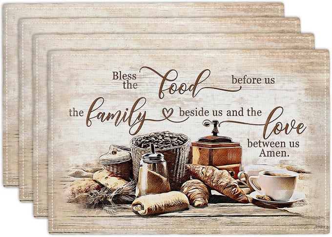 CHRISTIAN COFFEE PLACEMATS SET OF 4 BLESS THE FOOD BEFORE US PLACE MATS RELIGIOUS TABLE MATS FOR KITCHEN DINING TABLE KITCHEN DECOR LINEN 12X18 INCH