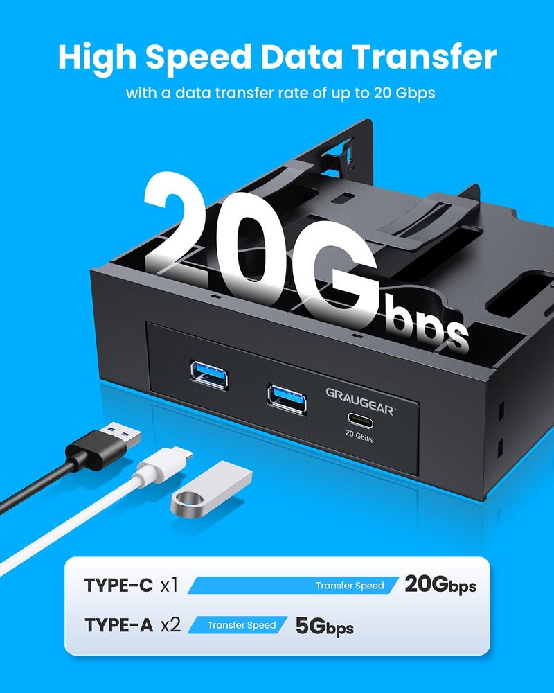 GRAUGEAR 5.25 Inch Internal USB Hub Front Panel â€“ USBâ€‘C 20Gbps + 2X USBâ€‘A 5Gbps, Dual 2.5â€³ SSD/HDD Bays, Fits 5.25â€³ Bay, USB 3.2 A-Key 20-Pin & USB3.0 19â€‘Pin Headers, PC Case Desktop Expansion - Image 4