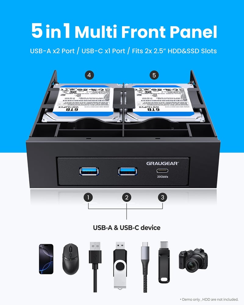 GRAUGEAR 5.25 Inch Internal USB Hub Front Panel â€“ USBâ€‘C 20Gbps + 2X USBâ€‘A 5Gbps, Dual 2.5â€³ SSD/HDD Bays, Fits 5.25â€³ Bay, USB 3.2 A-Key 20-Pin & USB3.0 19â€‘Pin Headers, PC Case Desktop Expansion - Image 2