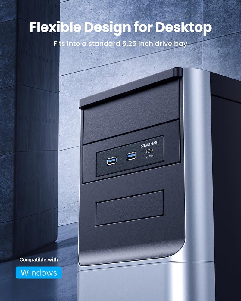 GRAUGEAR 5.25 Inch Internal USB Hub Front Panel â€“ USBâ€‘C 20Gbps + 2X USBâ€‘A 5Gbps, Dual 2.5â€³ SSD/HDD Bays, Fits 5.25â€³ Bay, USB 3.2 A-Key 20-Pin & USB3.0 19â€‘Pin Headers, PC Case Desktop Expansion - Image 3