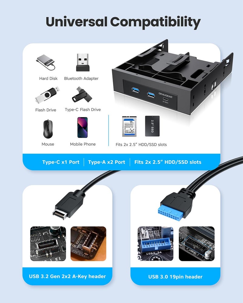 GRAUGEAR 5.25 Inch Internal USB Hub Front Panel â€“ USBâ€‘C 20Gbps + 2X USBâ€‘A 5Gbps, Dual 2.5â€³ SSD/HDD Bays, Fits 5.25â€³ Bay, USB 3.2 A-Key 20-Pin & USB3.0 19â€‘Pin Headers, PC Case Desktop Expansion - Image 5