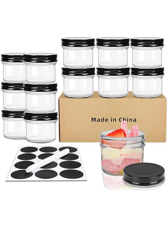 The Bros 12Pack 4oz Glass Jars with Black Lids, Small Wide Mouth Mason Jars for Honey, Jam, Jelly, Baby Food, Wedding Favors, Shower Gifts, Spice Storage, DIY Crafts, and Kitchen Organization - Image 1