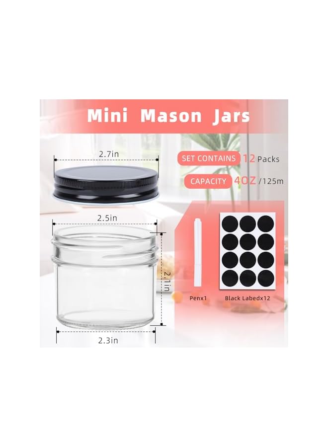 The Bros 12Pack 4oz Glass Jars with Black Lids, Small Wide Mouth Mason Jars for Honey, Jam, Jelly, Baby Food, Wedding Favors, Shower Gifts, Spice Storage, DIY Crafts, and Kitchen Organization - Image 2
