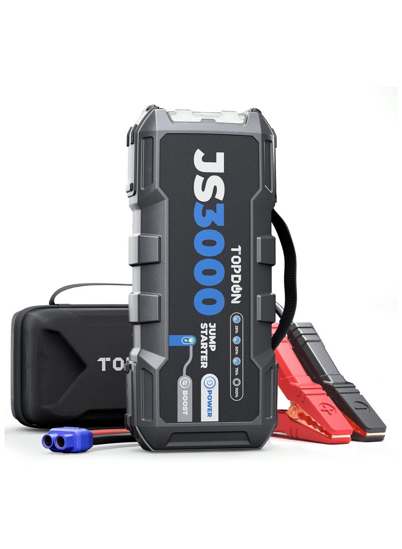 توب دون جهاز بدء تشغيل بطارية السيارة TOPDON، JS3000، 12 فولت 3000 أمبير، حزمة بدء تشغيل معزز للبطارية لمحركات البنزين حتى 9 لتر/ الديزل 7 لتر، شاحن بطارية السيارة المحمول مع كابل توصيل ومقبض وحافظة حماية من مادة EVA - Image 1