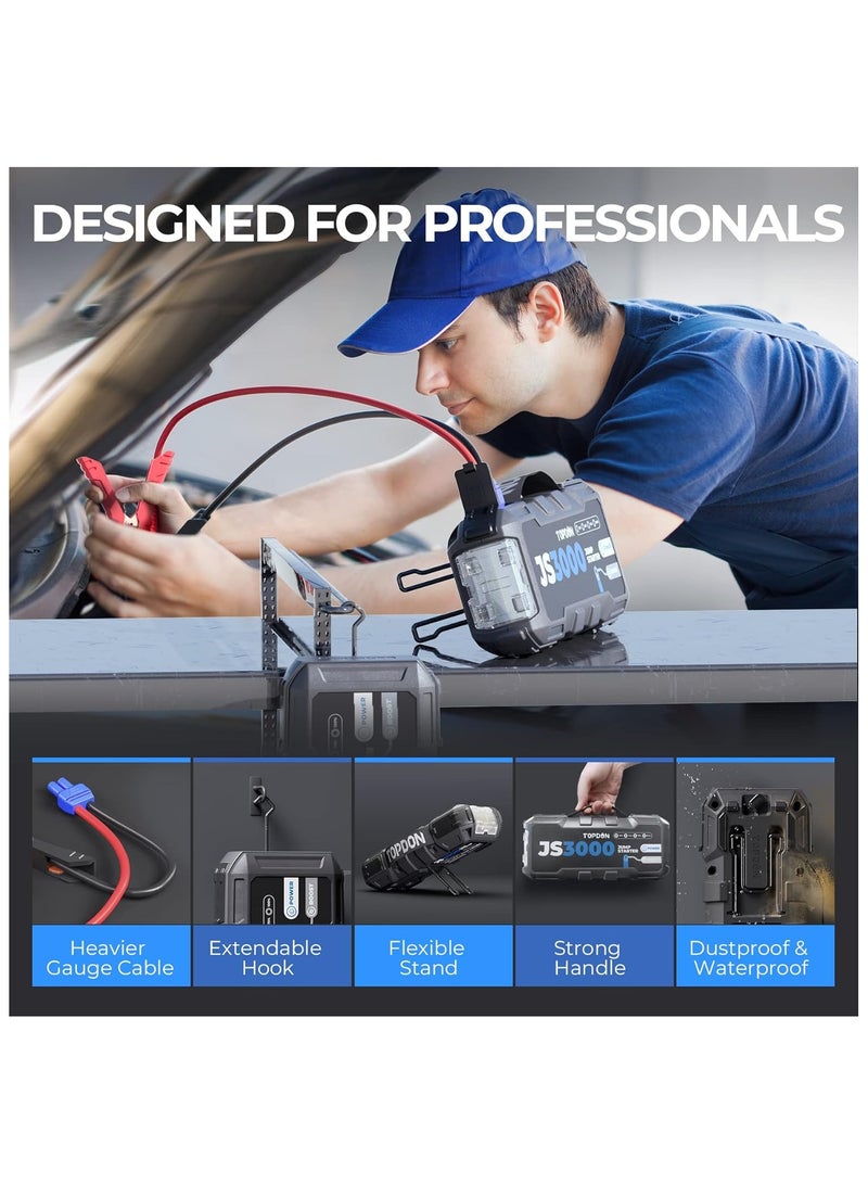 توب دون جهاز بدء تشغيل بطارية السيارة TOPDON، JS3000، 12 فولت 3000 أمبير، حزمة بدء تشغيل معزز للبطارية لمحركات البنزين حتى 9 لتر/ الديزل 7 لتر، شاحن بطارية السيارة المحمول مع كابل توصيل ومقبض وحافظة حماية من مادة EVA - Image 3