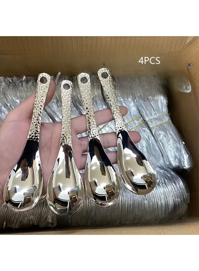 4Pcs Stainless Steel Spoons Abstract Pattern Polished Metal Finish Oval Dessert Spoons - Image 1