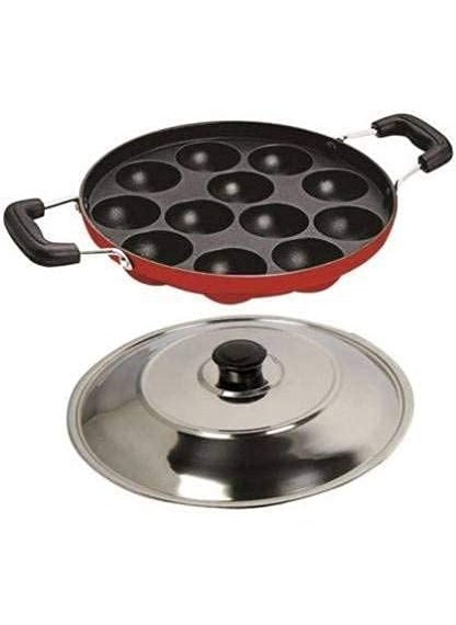 Dealdona NonStick 12 Cavity Aluminium Appam Idli Pancake Maker Pan with Side Handle Lid Cover Multicolor