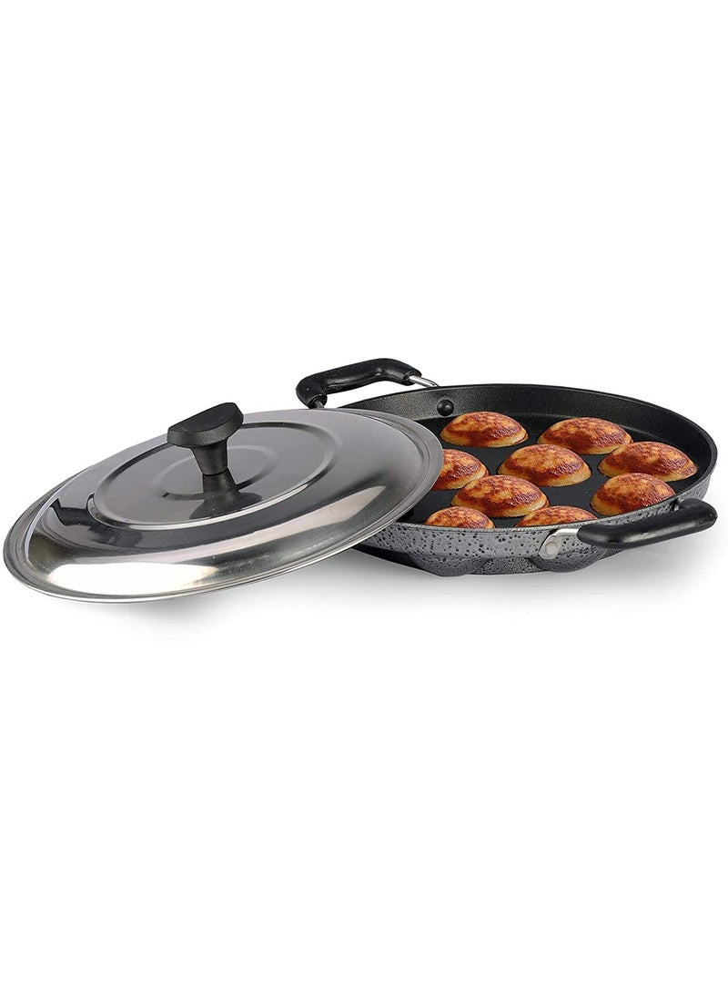 Dealdona NonStick 12 Cavity Aluminium Appam Idli Pancake Maker Pan with Side Handle Lid Cover Multicolor