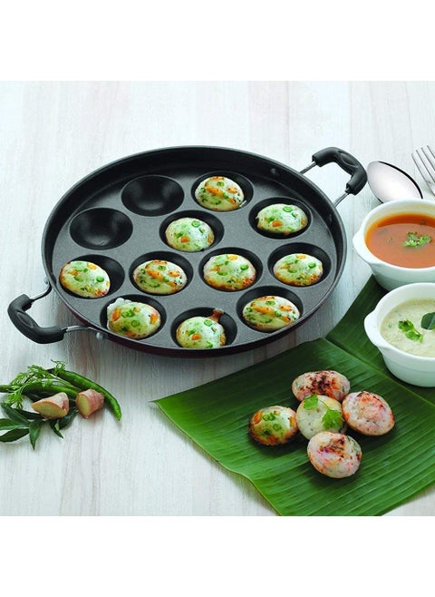 Dealdona NonStick 12 Cavity Aluminium Appam Idli Pancake Maker Pan with Side Handle Lid Cover Multicolor
