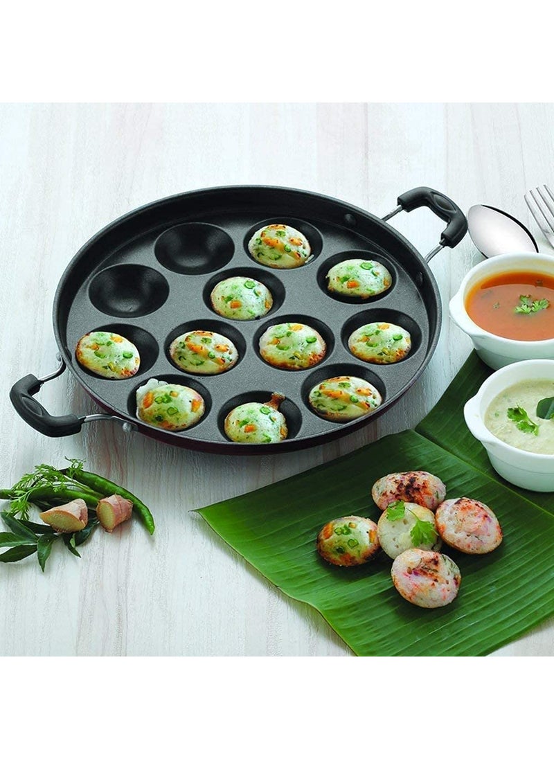 Dealdona NonStick 12 Cavity Aluminium Appam Idli Pancake Maker Pan with Side Handle Lid Cover Multicolor