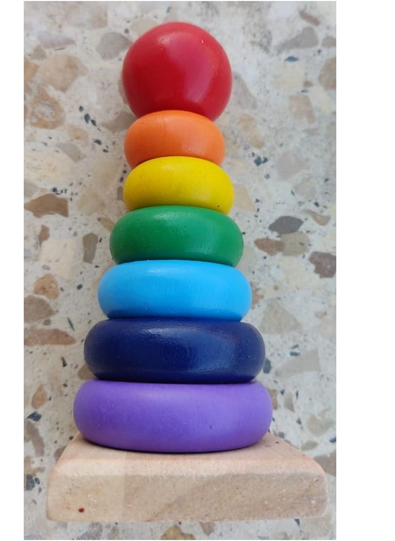 Rainbow - Wooden Rainbow Stacking Tower Toys,Wooden Rainbow Stacking Tower Balancing Toys for Kids and Toddlers,MultiColour 14cm - Image 1