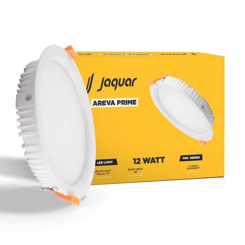 Jaquar 12W Areva Prime Round Downlight with Aluminum housing | 5 Year Warranty | Warm White Light (3000k) Sleek Backlit Design | Recessed Mounted False Ceiling | 105 mm Cutout |120x28 mm (Pack 1) - Image 1