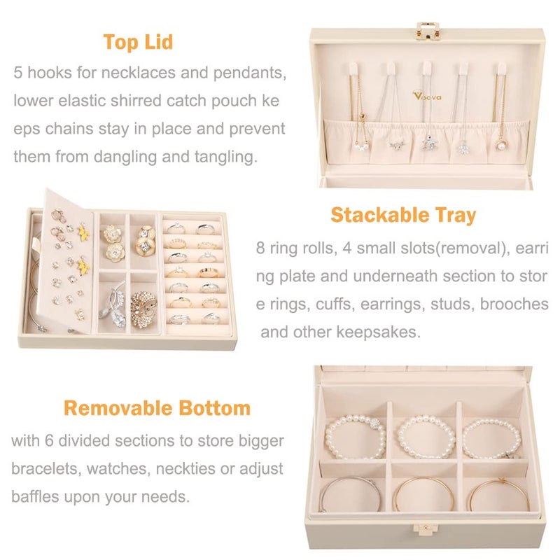 Voova Jewelry Box Organizer for Women Girls, 2 Layer Large Men Jewelry Storage Case, PU Leather Display Jewellery Holder with Removable Tray for Necklace Earrings Rings Bracelets, Vintage Gift,Apricot - Image 2