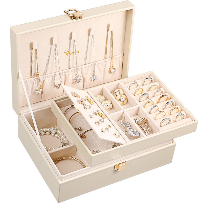 Voova Jewelry Box Organizer for Women Girls, 2 Layer Large Men Jewelry Storage Case, PU Leather Display Jewellery Holder with Removable Tray for Necklace Earrings Rings Bracelets, Vintage Gift,Apricot - Image 1