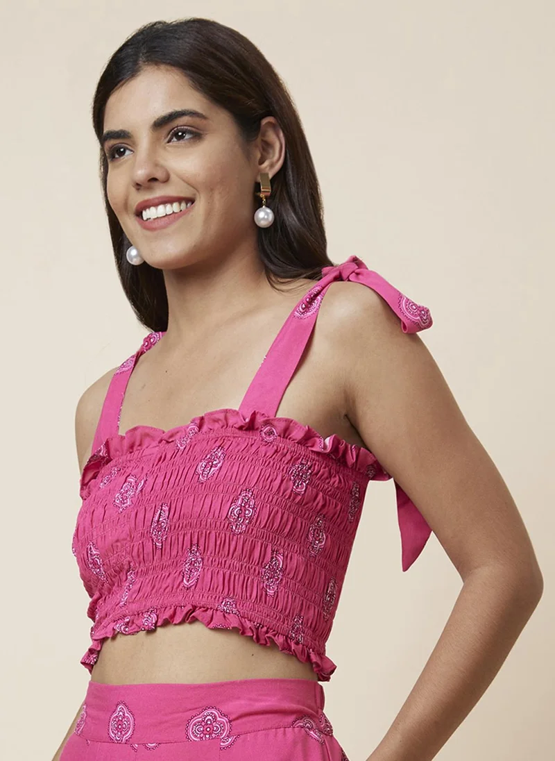 globus Globus Women Pink & White Sleeveless Floral Printed Smocked Fitted Crop Top