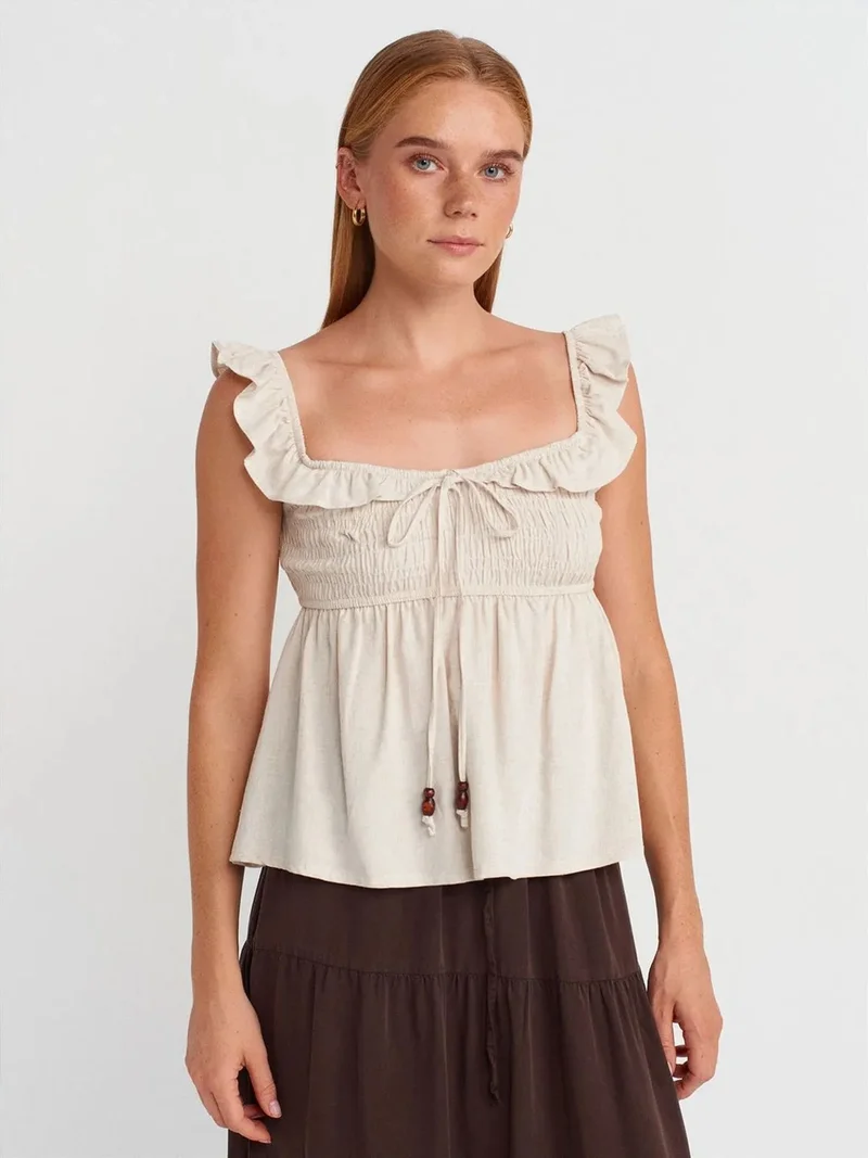 ديلفين Dilvin Sleeveless Square-neck Blouse With Tie Front