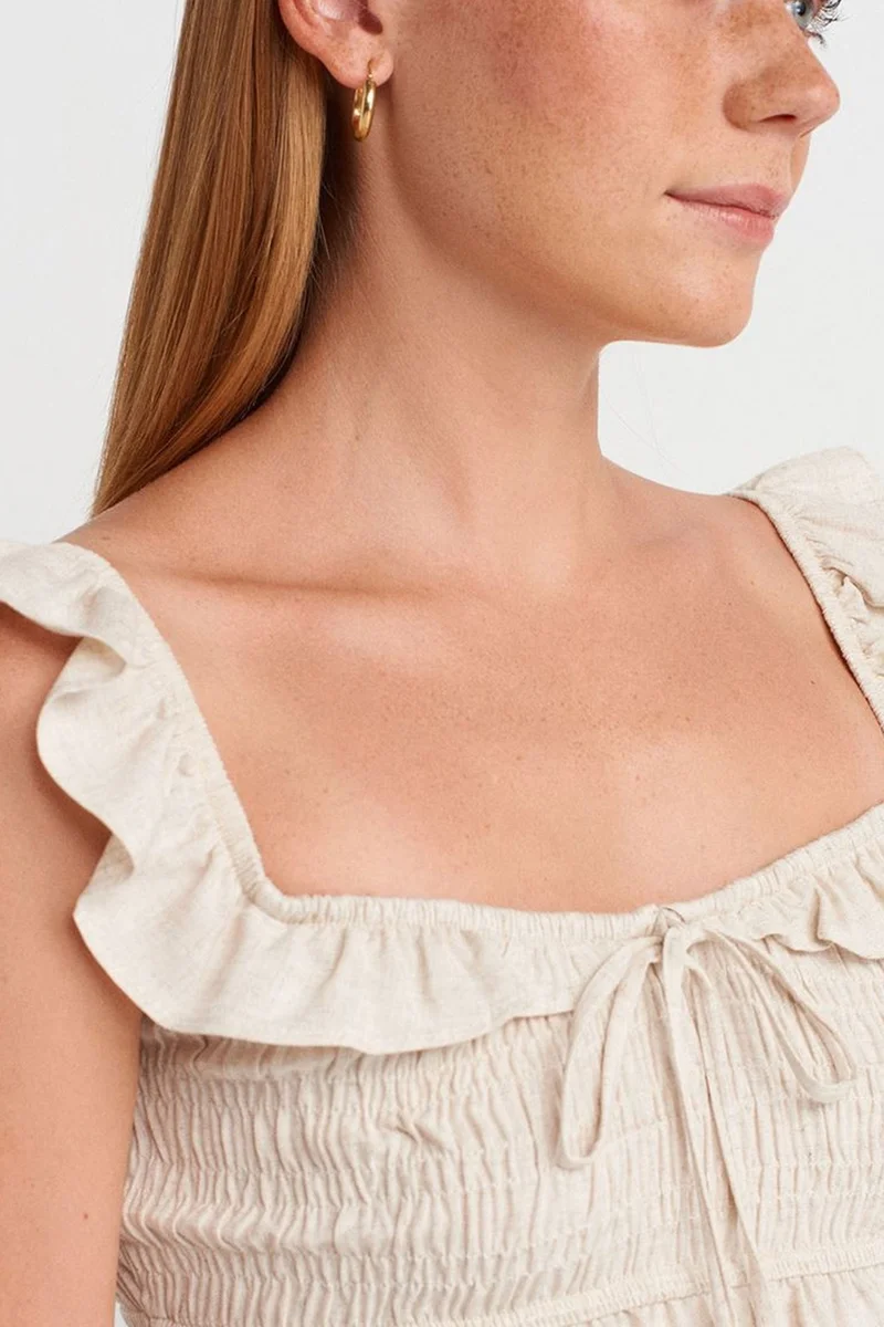 Dilvin Oatmeal Natural DILVIN Sleeveless Square-neck Blouse With Tie Front for Women | Best Price UAE
