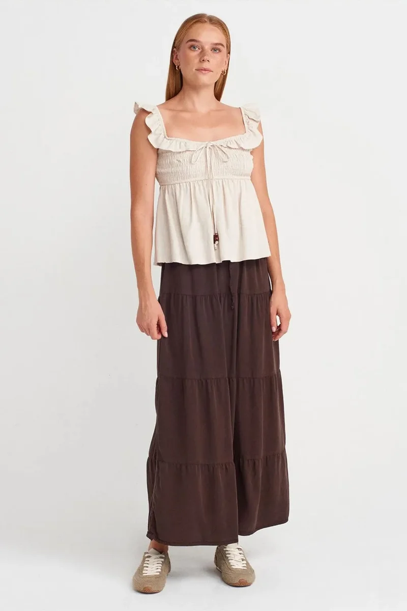 Dilvin Oatmeal Natural DILVIN Sleeveless Square-neck Blouse With Tie Front for Women | Best Price UAE