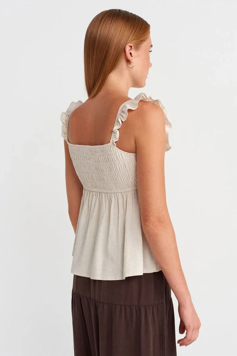 Dilvin Oatmeal Natural DILVIN Sleeveless Square-neck Blouse With Tie Front for Women | Best Price UAE