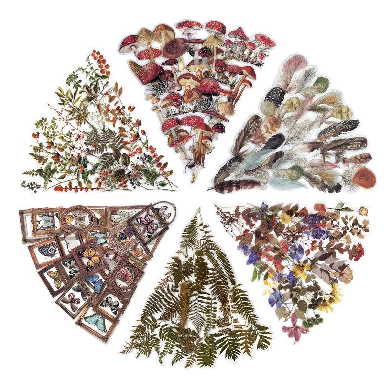 Maxleaf 240PCS Waterproof Flowers Stickers for DIY Crafts Planners Scrapbook Art Journaling 6 Series Flowers Mushroom Butterflies Plants Fern Feather Garden Theme Stickers Set