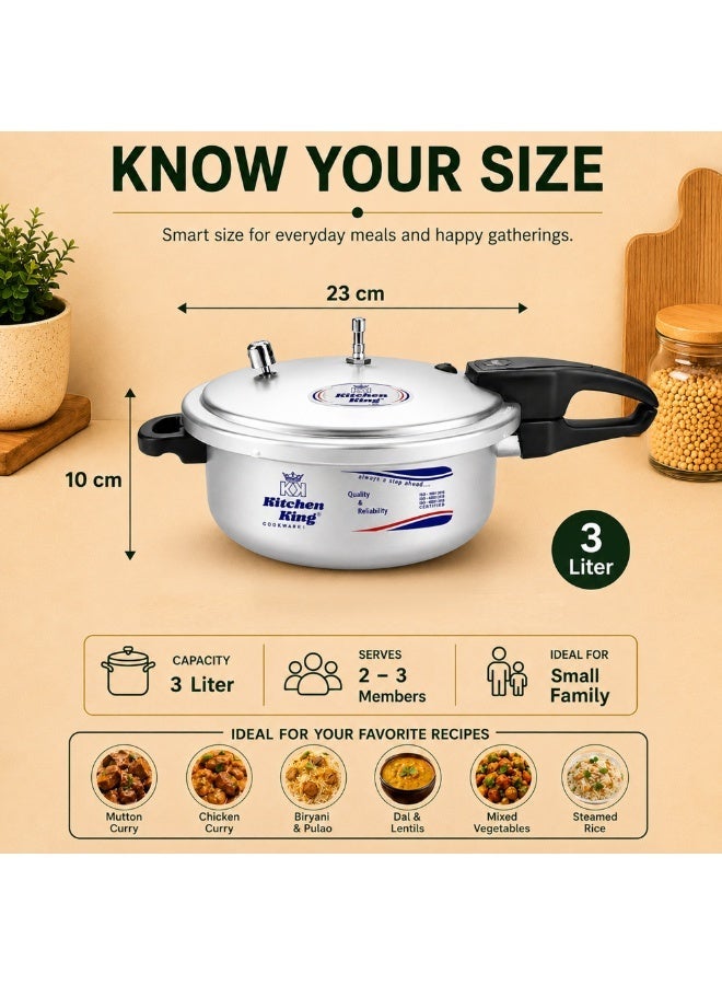 Kitchen King 3Liters Kitchen King Feast 3L Inner Lid Pressure Cooker for 2-3 Persons, Heavy Duty Aluminium Body, 6 Safety Features, Extra Gasket Included, Fast & Energy Efficient Cooking, Gas, Electric, Ceramic & Halogen Compatible Silver - Image 2