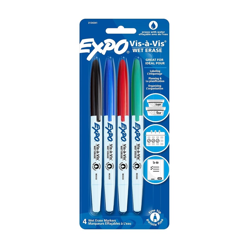 Expo Vis-a-Vis Wet-Erase Marker, Fine Point, 4-Color Set (SAN16074) - Image 1