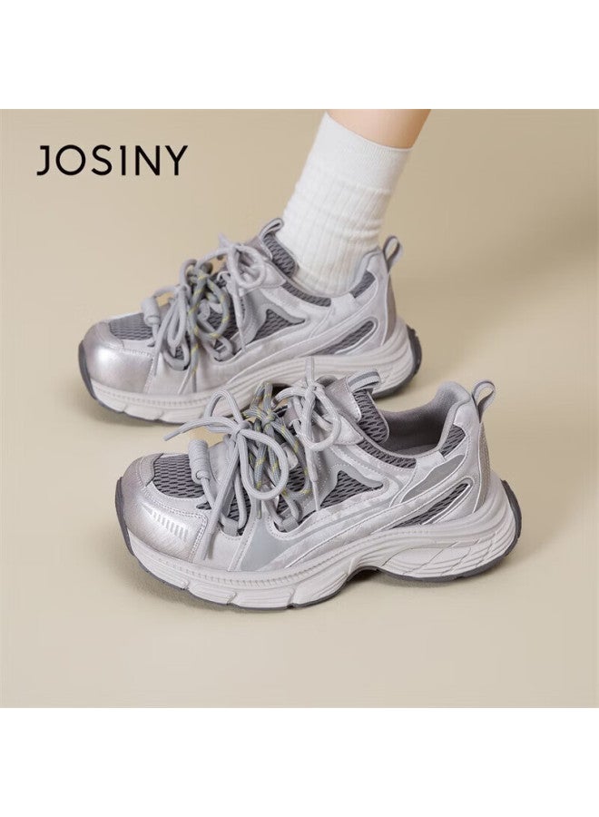 Josiny Zhuoshini Thick Sole Dad Sneakers New Classic Sweet Cool Height Increasing Casual Breathable Women's Sports Shoes Light Gray Size 37 - Image 2