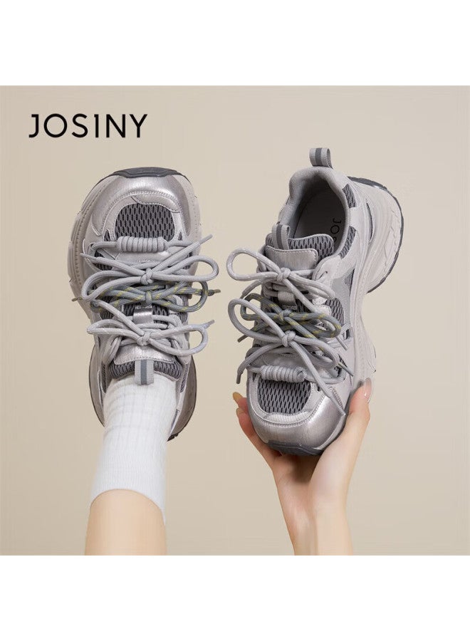 Josiny Zhuoshini Thick Sole Dad Sneakers New Classic Sweet Cool Height Increasing Casual Breathable Women's Sports Shoes Light Gray Size 37 - Image 1