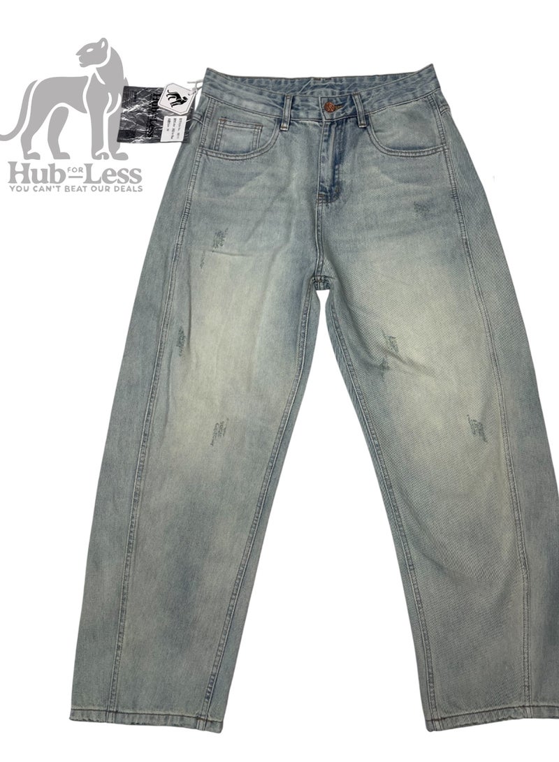 Hub For Less Men's Ultra-Wide Leg Jeans – Monkey & Acid Washed with Side Cut Detailing - Image 1