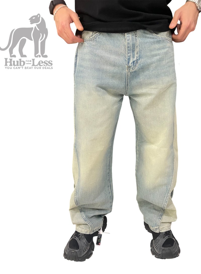 Hub For Less Men's Ultra-Wide Leg Jeans – Monkey & Acid Washed with Side Cut Detailing - Image 3