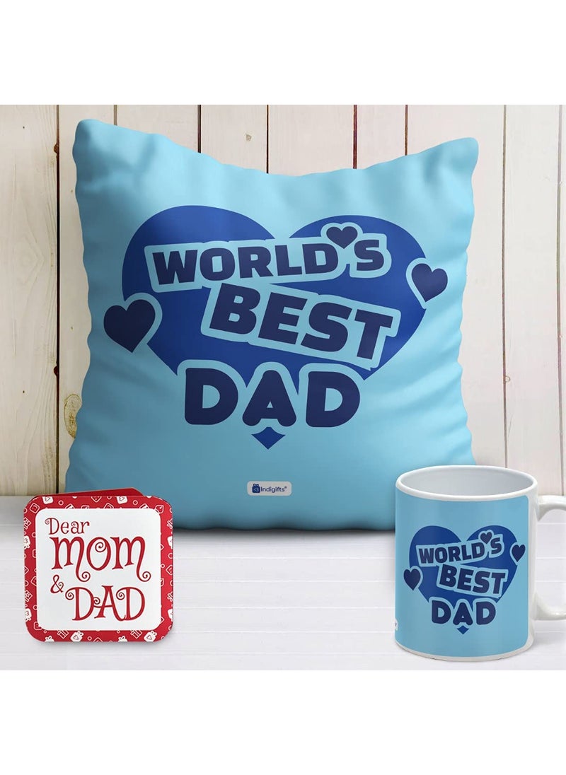 Indigifts - Indigifts World's Best Dad Printed Blue Micro Satin Cushion Cover 12"x12" with Filler & Ceramic Coffee Mug - Image 1