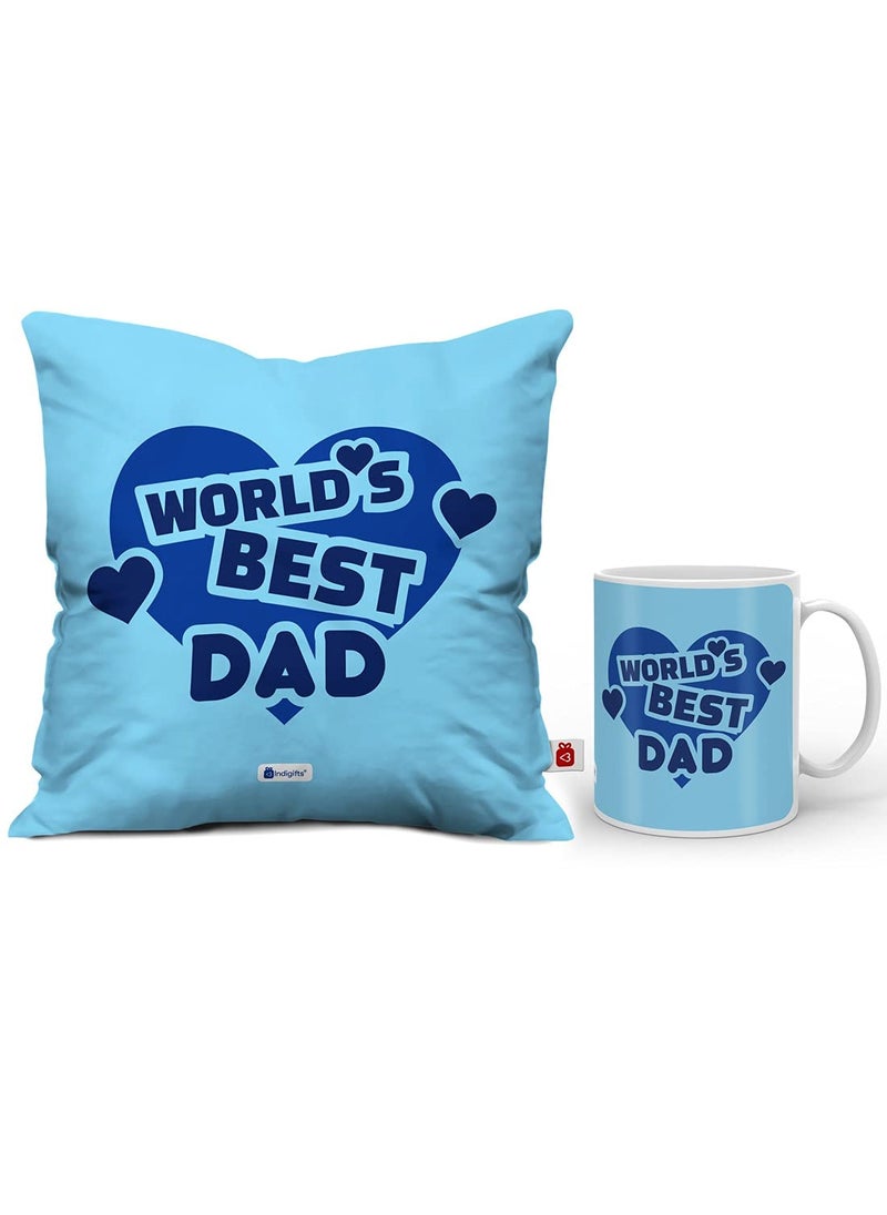 Indigifts - Indigifts World's Best Dad Printed Blue Micro Satin Cushion Cover 12"x12" with Filler & Ceramic Coffee Mug - Image 1