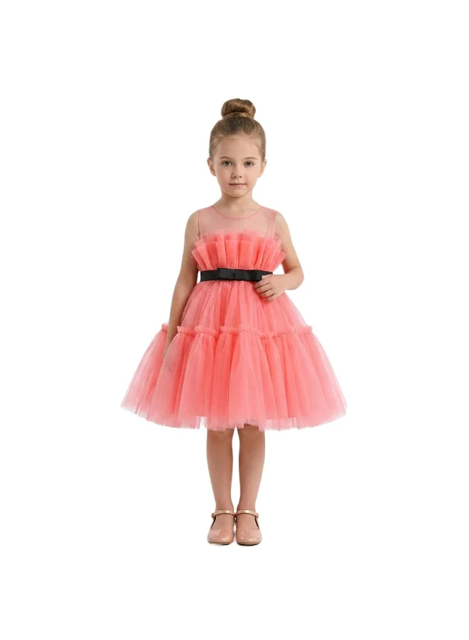 بيداني Tulle Tiered Party Dress with Black Velvet Sash