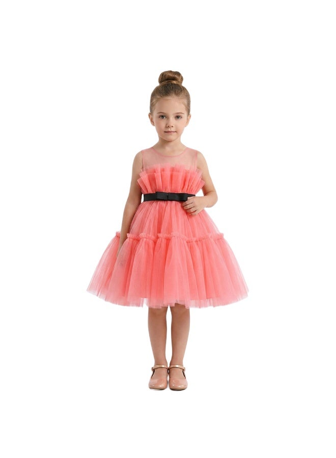 Bidani Tulle Tiered Party Dress with Black Velvet Sash - Image 1