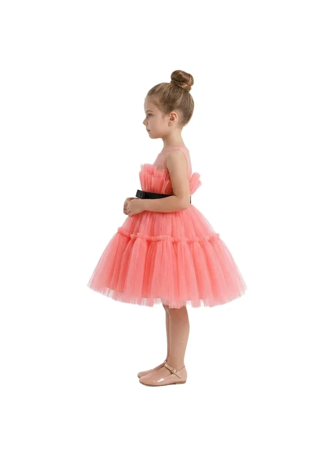بيداني Tulle Tiered Party Dress with Black Velvet Sash